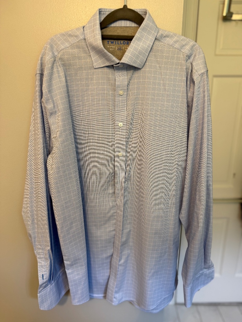 Twillory Mens Light Blue Windowpane Check Performance Dress Shirt 17.5/36-37
